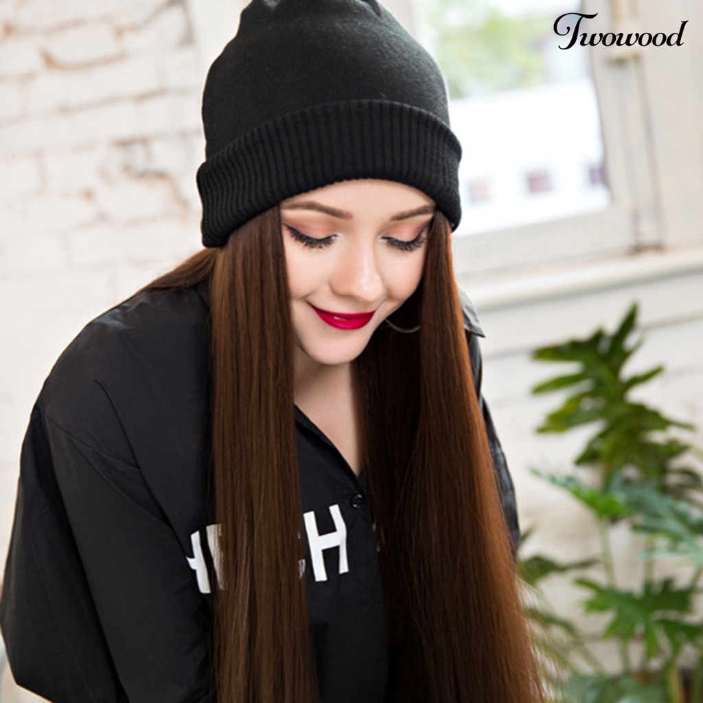 Twowood Wanita Wig Bahan Mesh Dalam Halus Dengan Topi Beanies Hat Wig Rajut Lurus Untuk Perempuan