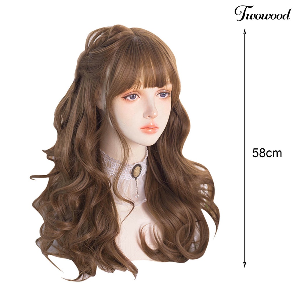 Twowood 1set Wig Wanita No Perm Berbulu Tidak Jatuh Halus Styling Rambut Cakupan Penuh Mid Length Rambut Keriting Wig Dengan Poni Digunakan Wanita