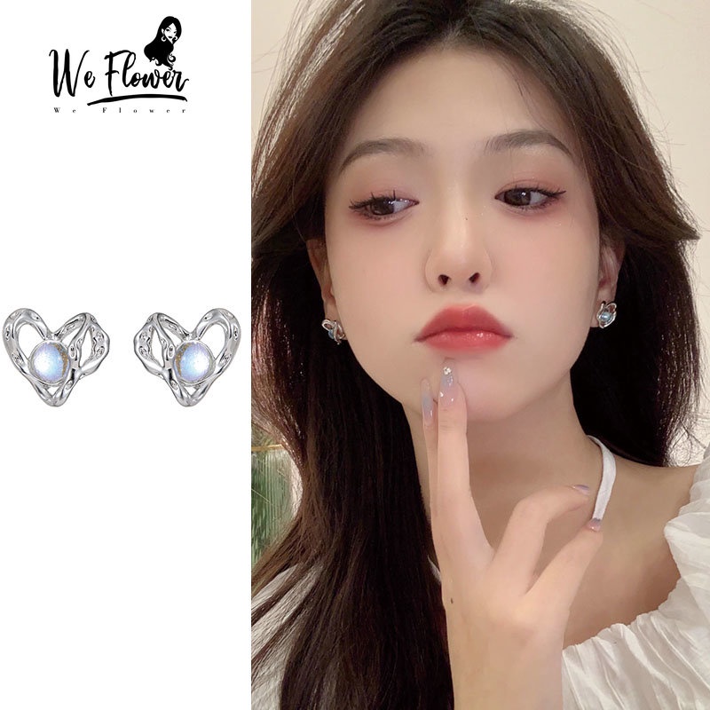 We Flower Indah s925 Perak Bersinar Moonstone Heart Stud Earrings Untuk Wanita Perempuan Elegan Opal Heart Earring Jewelry Untuk Pesta Pacaran