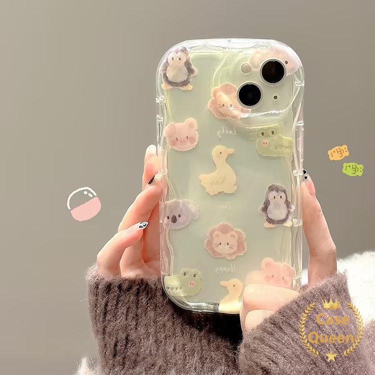 Smiley Lucu Couple 3D Wavy Curved Edge Case Untuk Oppo A17 A17K A5s A54 A7 A15s A15 A53 A3s A57 A35 A12E A16 A77S A77 A33 A12 A11K A16s A32 Badut Lucu Hewan Kecil Bear Duck Cover