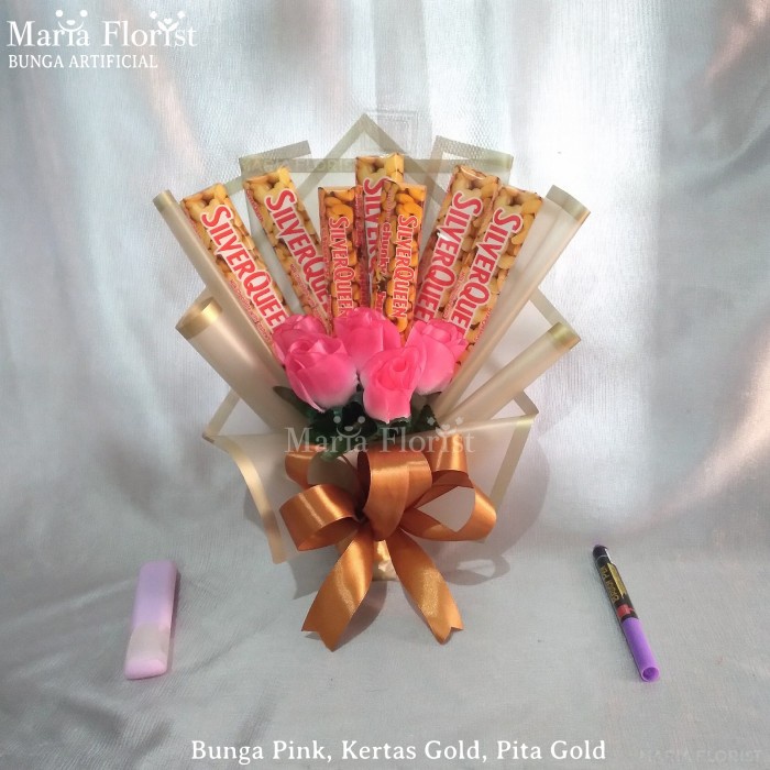 [SC] Buket bunga coklat | buket bunga hadiah wisuda | buket anniversary - Merah, Kertas Gold