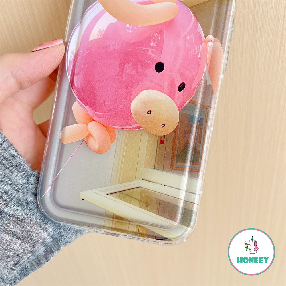 IPHONE Fashion Pink Piggy Balon Case Untuk Iphone11 14 Pro Max13 12 Pro Max XR XS 7 8plus Airbag Shockproof Lembut TPU Handphone Cover