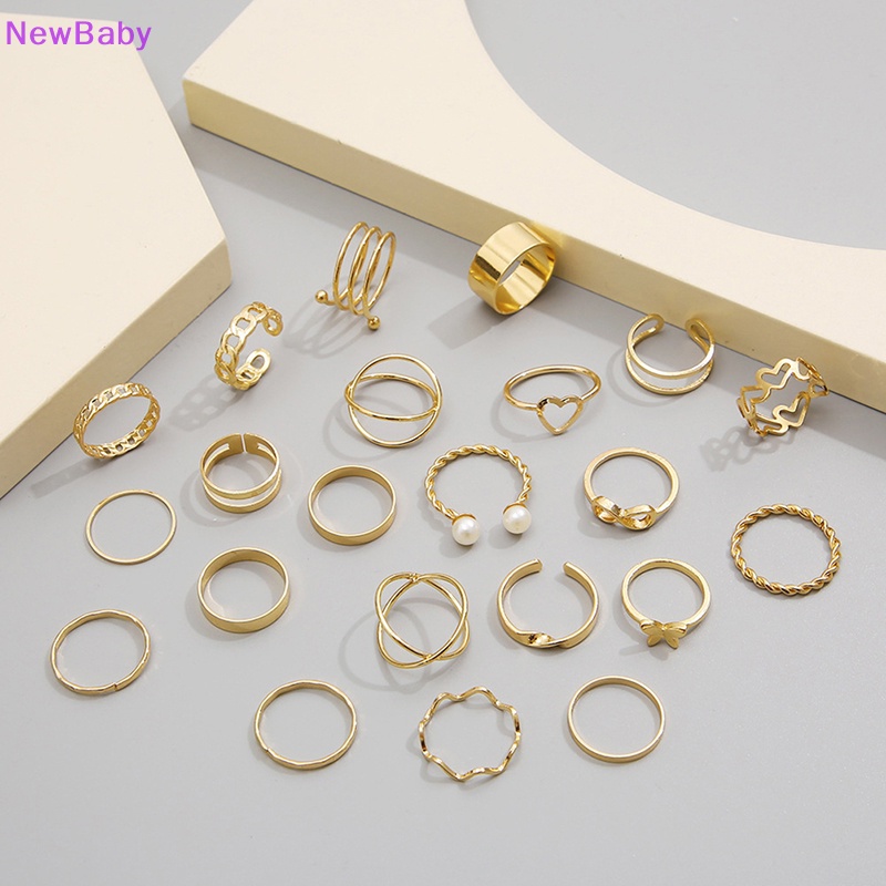 Newbaby 22pcs Set Vintage Berongga Hati Kupu-Kupu Cincin Set Untuk Wanita Logam Warna Perak Geometris Bentuk Spiral Cincin rendy Jewelry ID