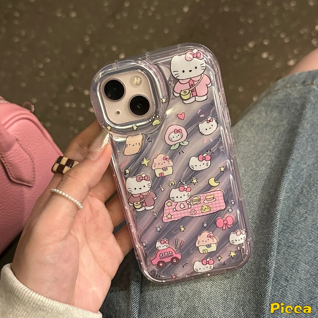 IPHONE Kartun Hello Kitty Case Kompatibel Untuk Iphone11 13 14 12 Pro MAX XR 7Plus 7 8 6 6S Plus X XS MAX SE 20203D Stereo Korgasi Kartu Laser Vintage Tombol Telepon Digital Soft Cover