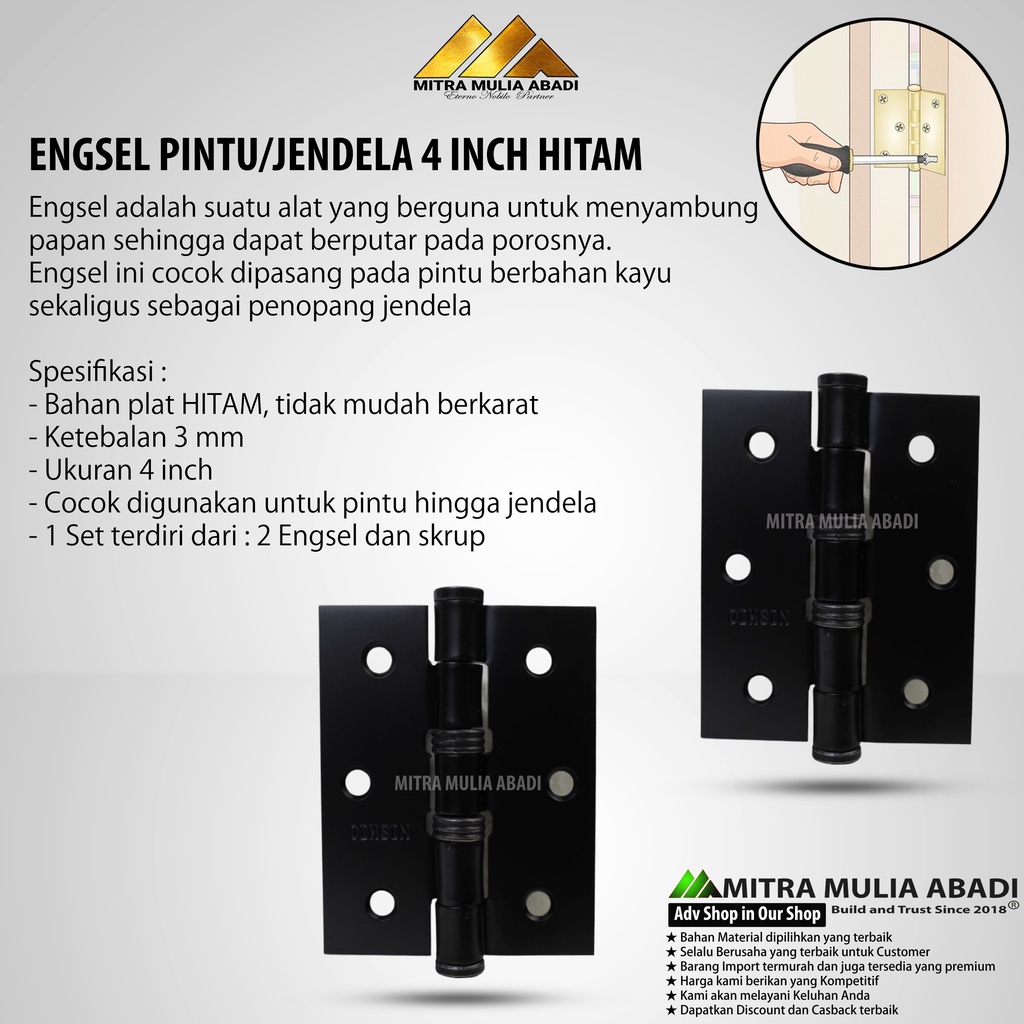 Engsel Pintu Hitam 4 Inch Jendela tebal/besar