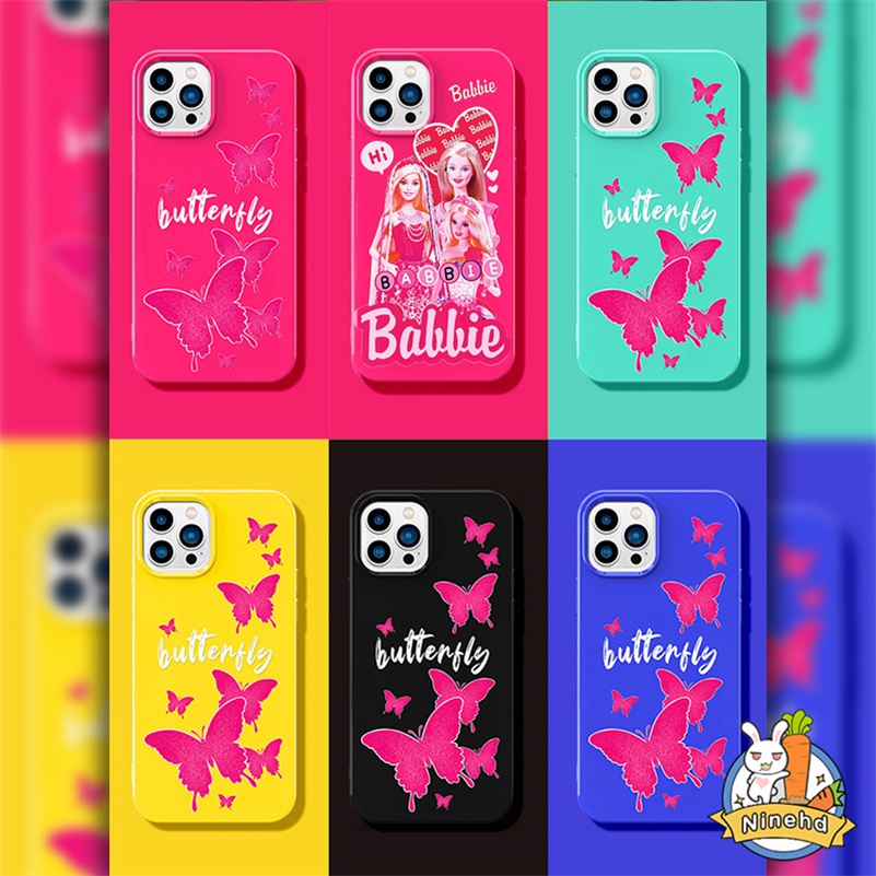 IPHONE Vintage Butterfly Barbie Rose Red Glossy Phone Case Kompatibel Untuk Iphone14 13 12 11 Pro Max X Xr Xs Max 8 7 6 6s Plus SE2020 Keringat Tahan Gores Silikon Lembut Tpu Penutup Belakang