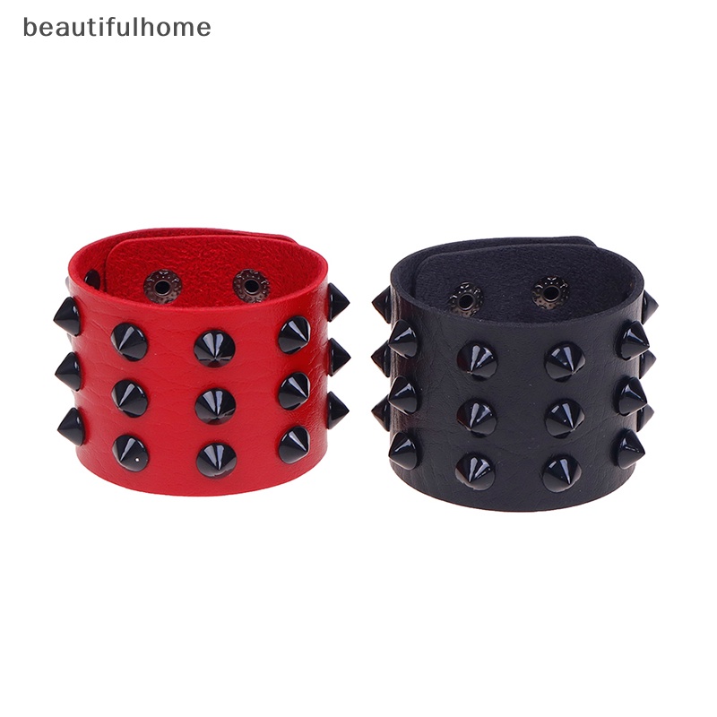 {beautifulhome} Gelang Kulit Asli Rock Gothic punk Bangle Stud Cuff Wristband Jewelry.