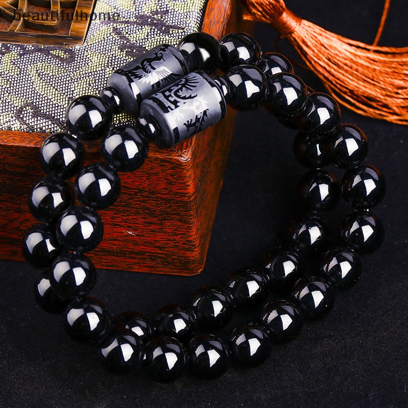 {beautifulhome} Black Obsidian Dragon Phoenix Beads Pasangan Pecinta Bangle Gelang Perhiasan Hadiah.