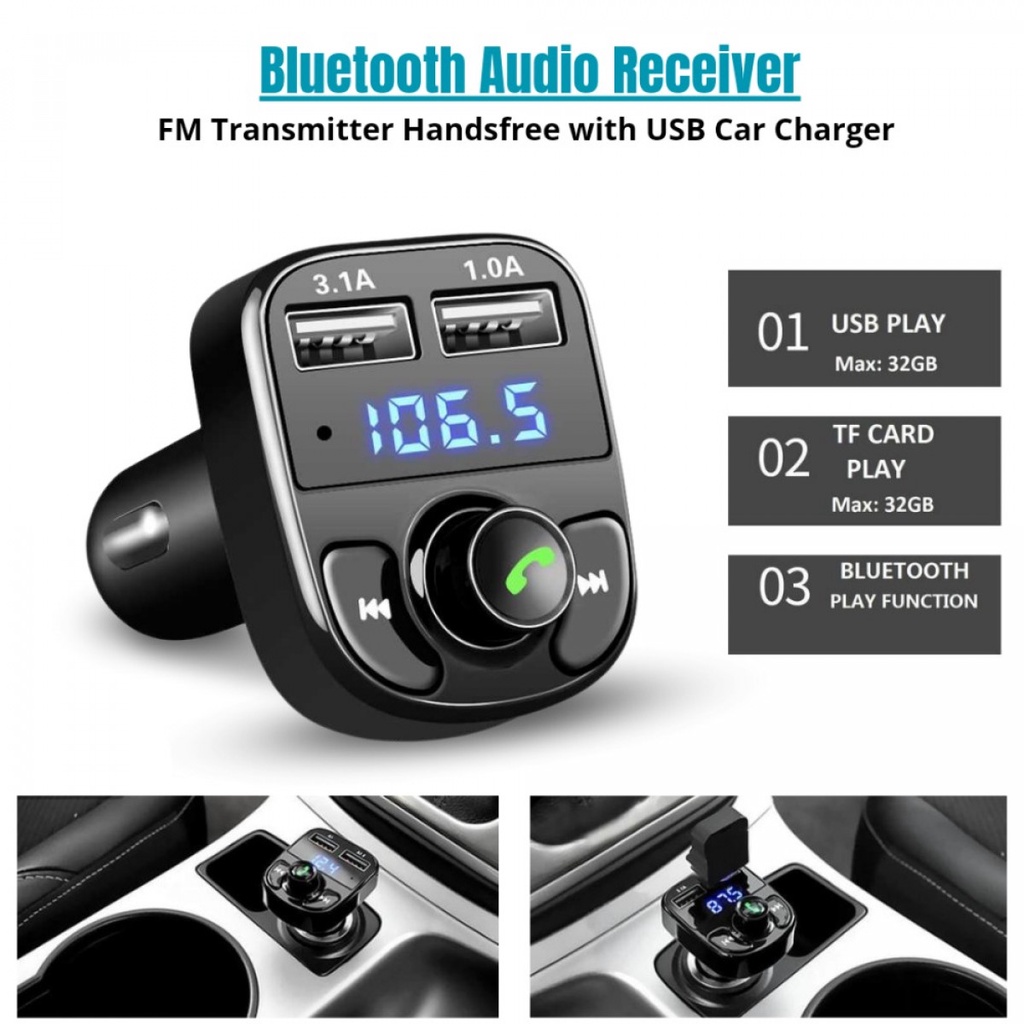 Bluetooth Audio Receiver FM Transmitter Handsfree with USB Car Charger