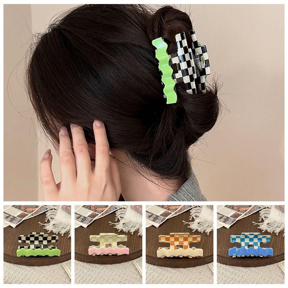 Needway Klip Cakar Motif Kotak Aksesoris Rambut Kepiting Ponytail Holder Garis Gelombang Hiu Klip Kotak-Kotak Asetat Gaya Korea Hair Claw Clips Untuk Wanita