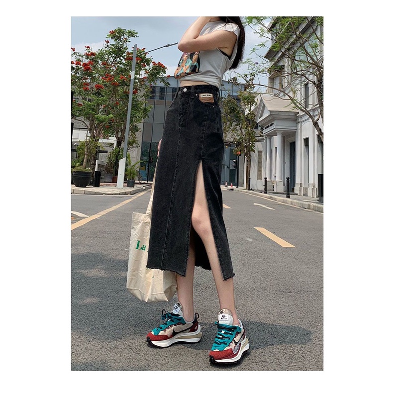 Midi Skirt Denim Wanita Split Rok Belah Korean Vintage Rok