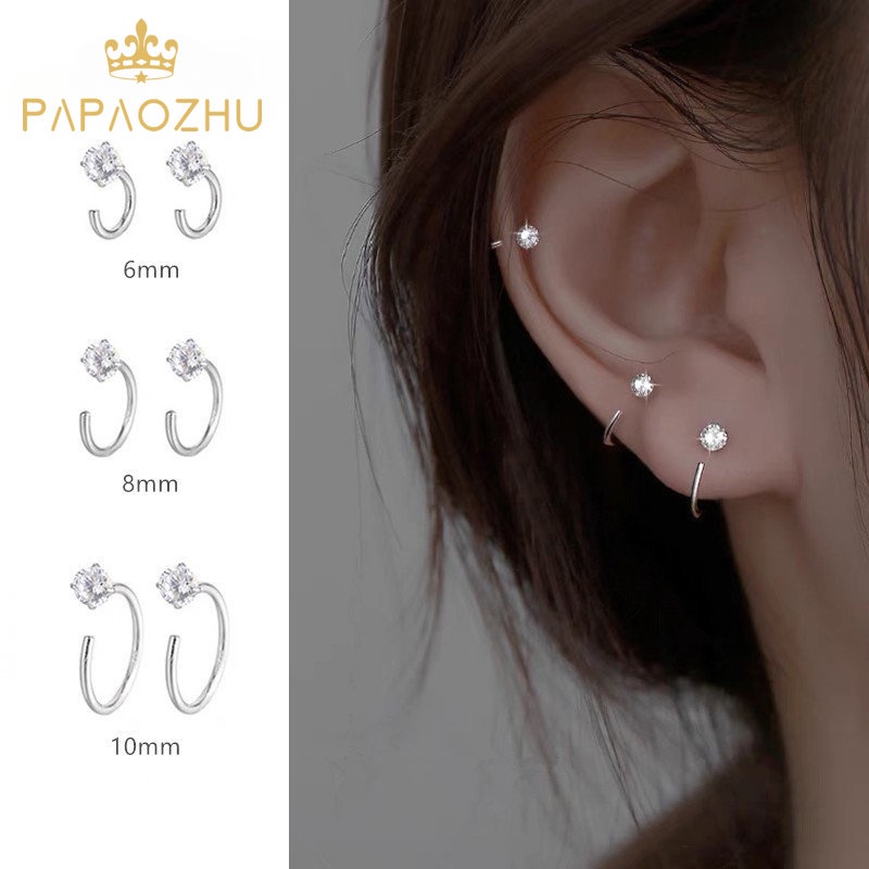 Papaozhu Chic s925 Perak Bersinar Berlian Imitasi Cuff Stud Earrings Untuk Wanita Perempuan Elegan Tindik Zirkon Tulang Rawan Anting-Anting Fashion Perhiasan Telinga