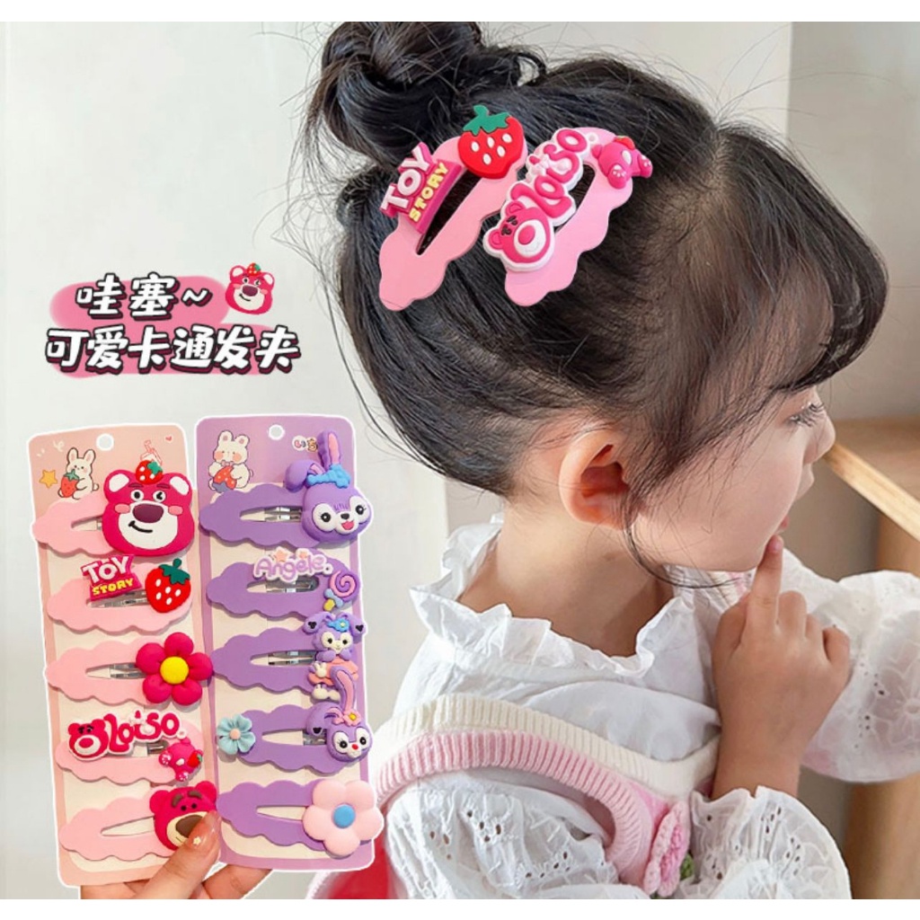 J14 - JEPITAN KLIP BAHAN IMPORT MOTIF BERUANG KELINCI BARBIE JEPITAN RAMBUT KARTUN 5 IN 1 - BDC