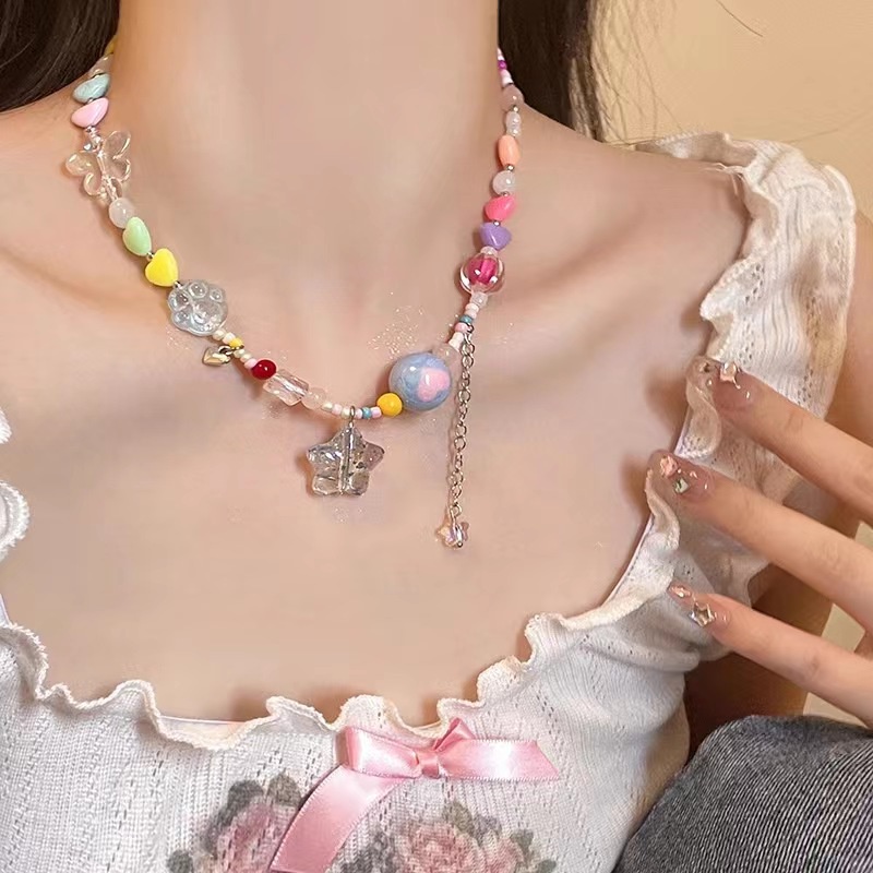 Kalung Manik-Manik Kupu-Kupu Warna Dopamin Perempuan Manis Unik All-Match Gadis Rantai Klavikula Influencer Necklace