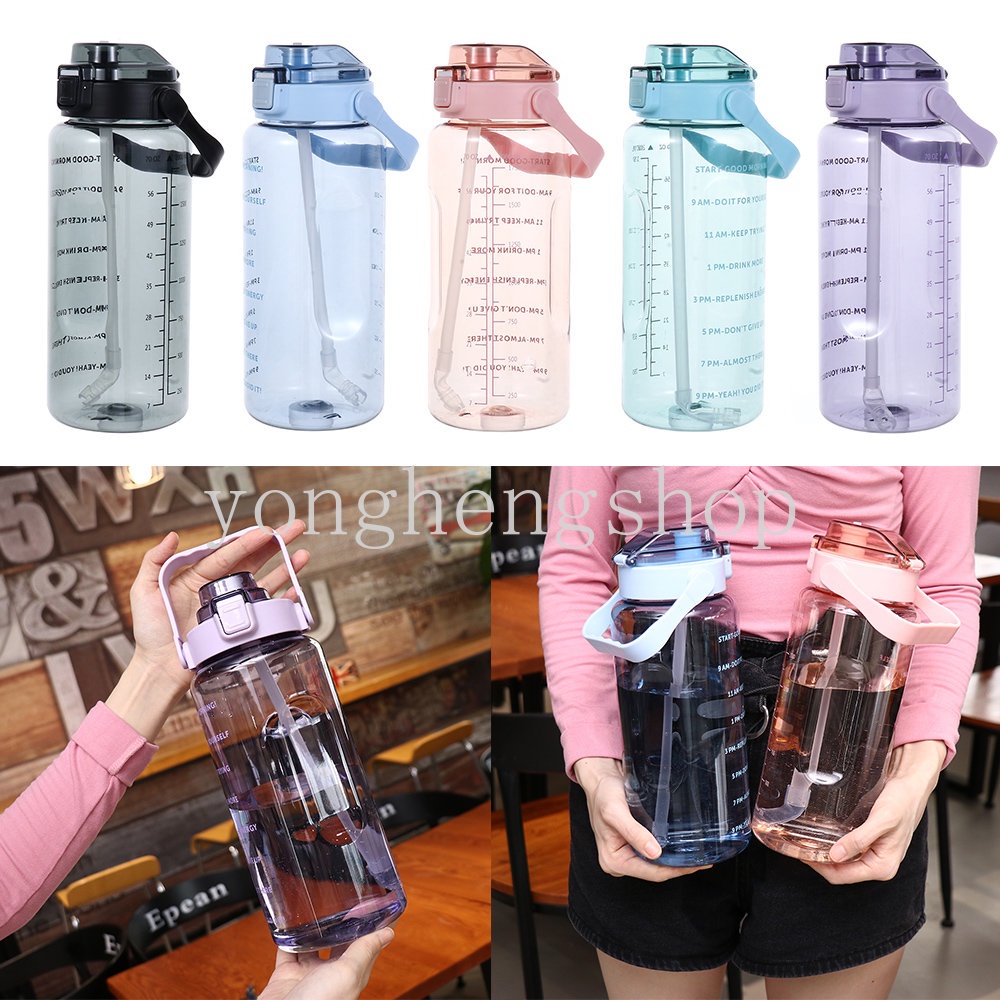 2000ml Botol Air Kapasitas Besar Dengan Skala Waktu Luar Ruangan Portabel Cangkir Minum Olahraga Botol Air Dengan Sedotan Lucu Warna Gradien Kebugaran Cangkir