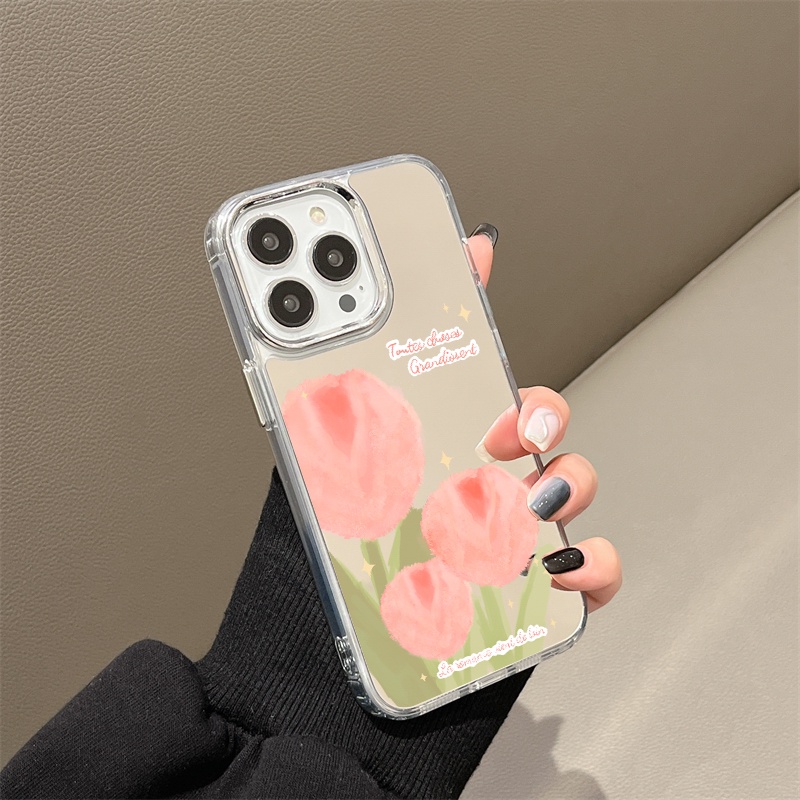 IPHONE Casing Ponsel Cermin Bunga Graffiti Pink Kompatibel Untuk Iphone11 12 13 14 12Pro 13Pro 14Pro Pro Max XR X XS Max Electroplating Tombol Perlindungan Mirror Cover