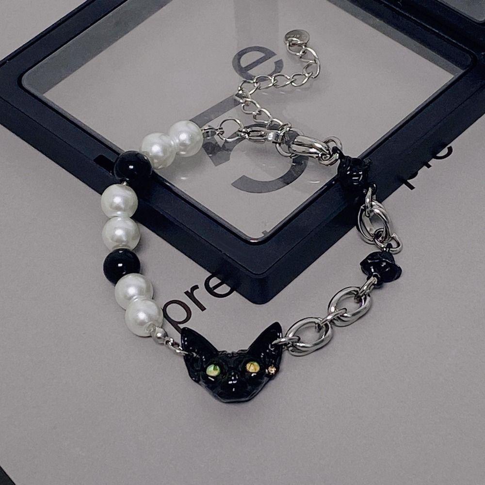 Mxbeauty Hitam Kucing Gelang Kalung Kepribadian Manis Mutiara Manik-Manik Y2K Sweater Rantai Street Wear Gaya Korea Perhiasan Aksesoris Untuk Wanita