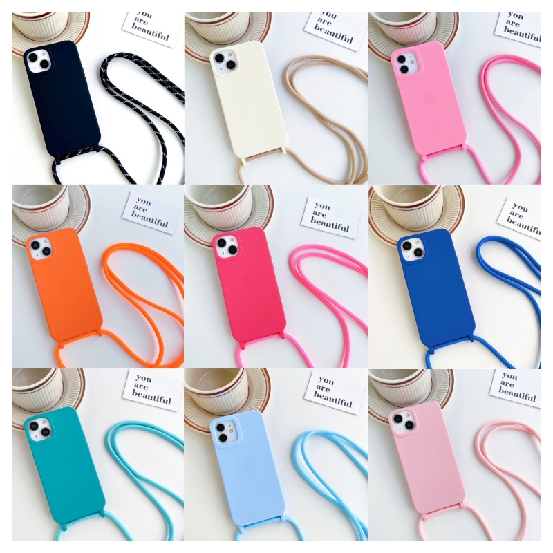 IPHONE Menebal Silikon Anti Rontok Lanyard Cover Cocok Untuk Iphone14 13 12 11 Pro X XS Max XR 78 14 Plus Matte Casing Pelindung Tali Diagonal Soft Case