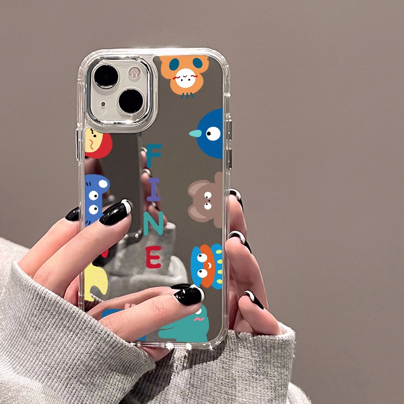 IPHONE Kartun Hewan Cermin Ponsel Case Kompatibel Untuk Iphone11 12 13 14 12Pro 13Pro 14Pro Pro Max XR X XS Max Electroplating Tombol Perlindungan Mirror Cover