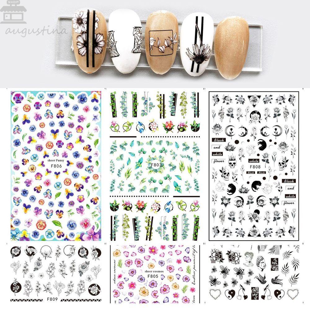 AUGUSTINA Agustina Musim Semi Bunga Nail Art Stiker Perekat Diri Warna-Warni Menawan Wanita Daun Hijau Mawar Valentine Bunga DIY Manicure Accesorios