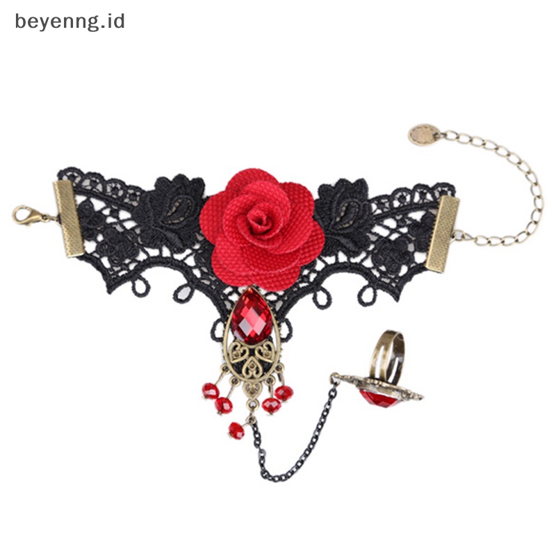 Beyen Hot New Gelang Mawar Merah Renda Gaya Gotik Elegan Dengan Cincin Jari Yang Dapat Disesuaikan ID