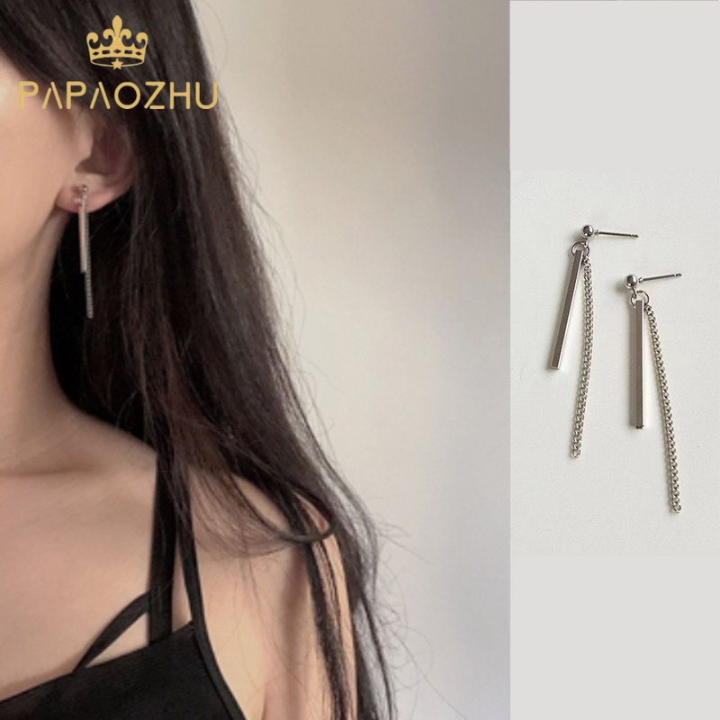 Papaozhu Anting Tusuk Motif Garis Rantai Rumbai Silver Minimalis Untuk Wanita Perempuan