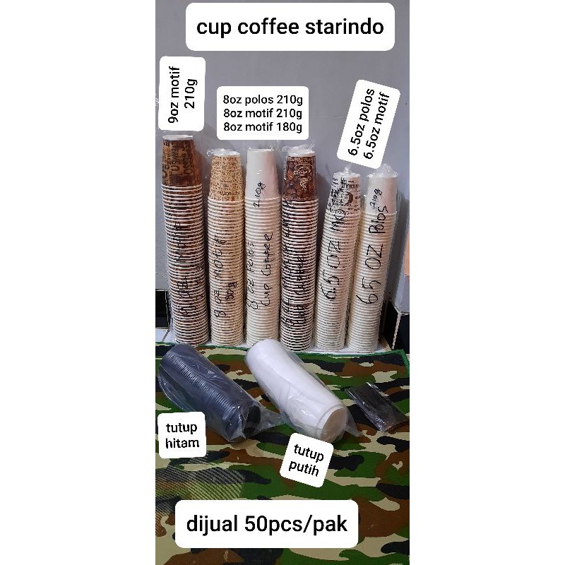Starindo paper coffee cup 6.5oz, 8oz, 9oz putih dan kraft, sedotan, slave. Dijual 50pcs per pak.