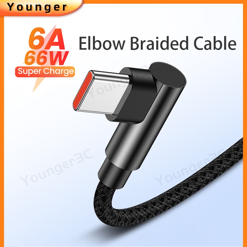 66w Elbow Nylon Woven Mobile Game Kabel Data 6A Super Fast Charging Cord Jalur Pengisian Flash Untuk ios Micro Tipe C