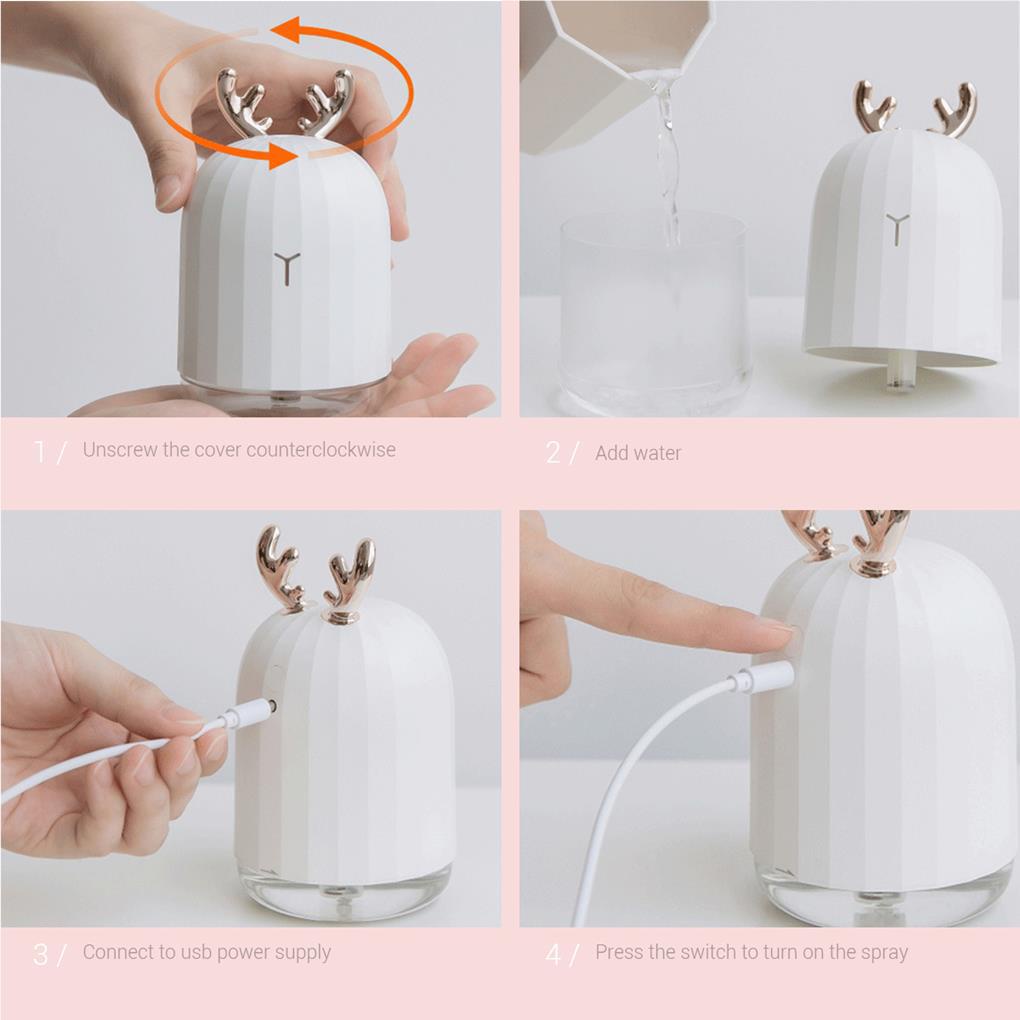 220ml Kartun Rusa Pelembab Udara Malam Lampu Led USB Moisture Sprayer Untuk Penggunaan Mobil Kantor Rumah
