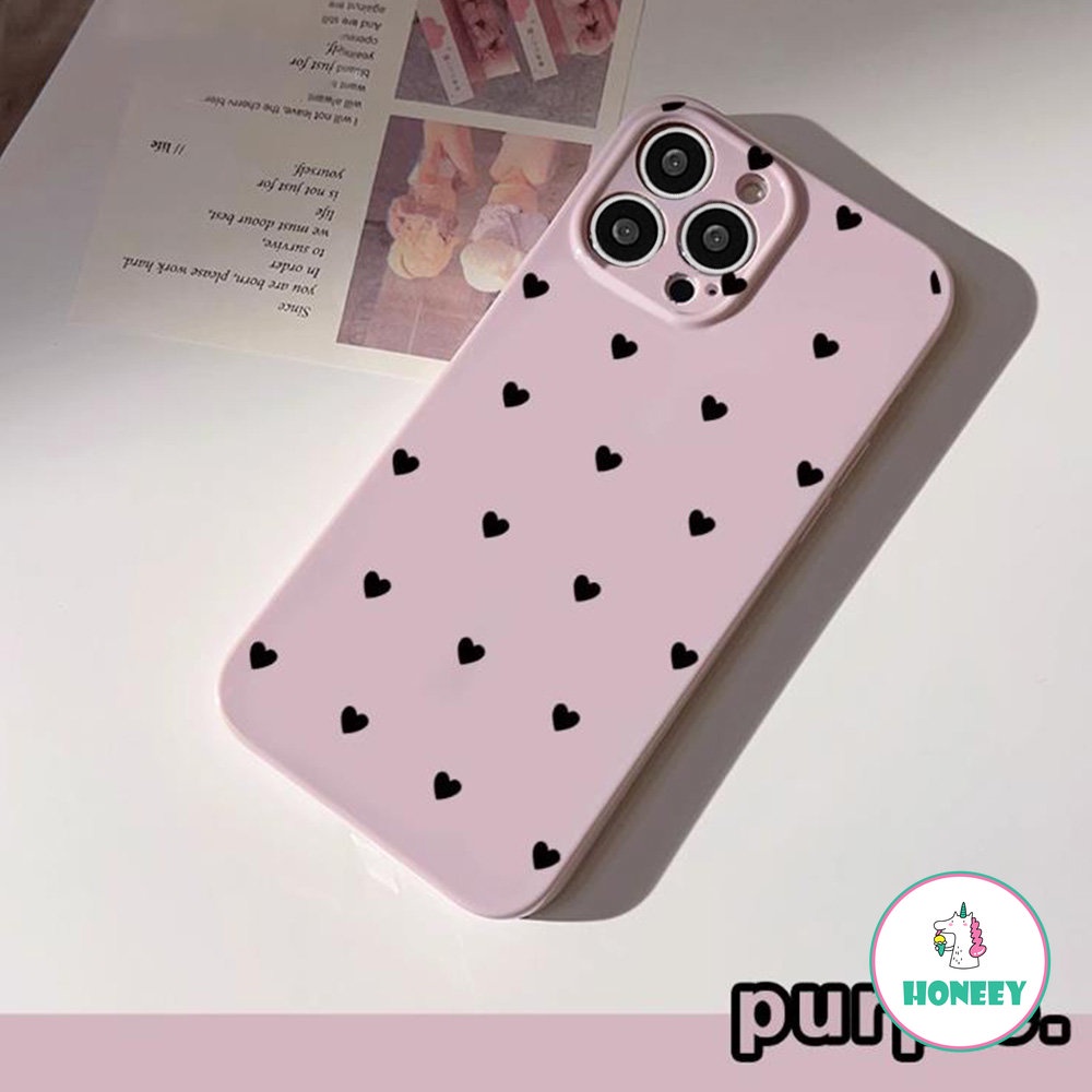 Ins Hitam Hati Ponsel Case Kompatibel Untuk iPhone 14 Pro Max12 13 Pro 11 Pro Max Ungu Glossy Silikon Lembut Shockproof Back Cover