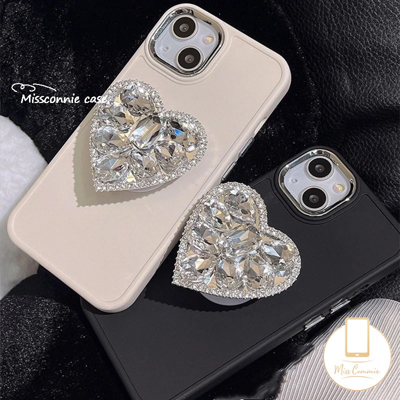 Casing Warna Solid Simple Mewah Kompatibel Untuk IPhone 7plus 11 14 13 12 Pro MAX XR 7 8 Plus X XS MAX Berlian Cinta Hati Bracket Phone Holder Plating Bingkai Lensa Logam Soft Cover