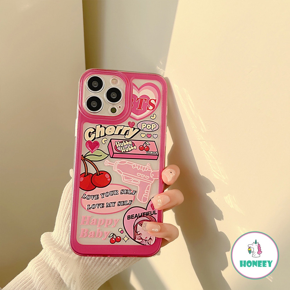 Ins Pink Graffiti Love Cherry Phone Case Kompatibel Untuk Iphone14 Pro Max12 13promax Case iPhone 11xr XS 7 8Plus Bening Lembut Shockproof Back Cover