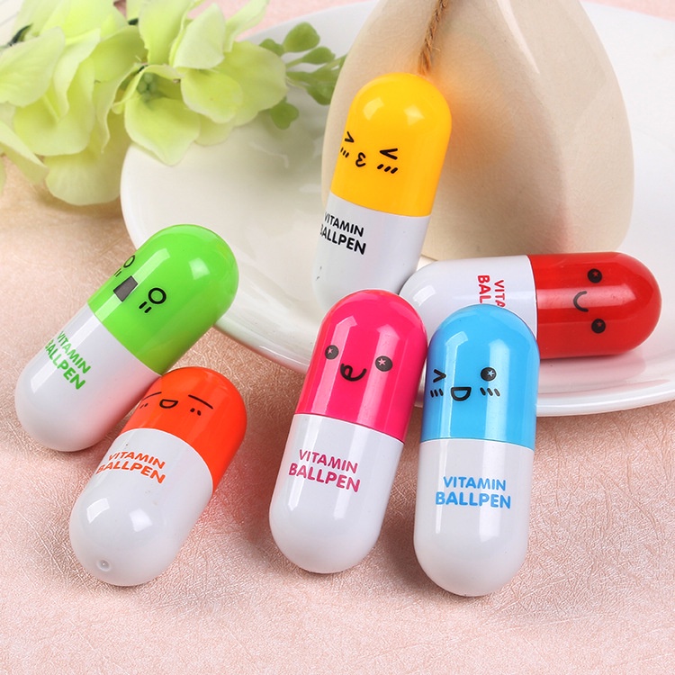 1pc pulpen bola Retractable bentuk pil Random / pena kapsul Vitamin tinta biru / pena kartun Smiley teleskop / alat tulis siswa lucu / perlengkapan sekolah kantor