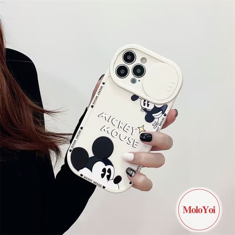 Cartoon Disney Strawberry Bear Lotso Push Pull Window Case Compatible for iPhone XR XS X Max 8Plus 7Plus 11 13 12 Pro Max Camera Lens Protector Cute Mickey Mouse Couple Phone Cover