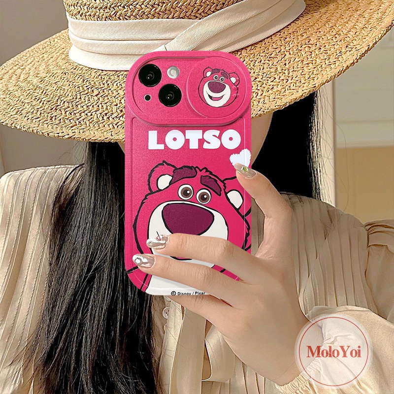 Cartoon Disney Strawberry Bear Lotso Push Pull Window Case Compatible for iPhone XR XS X Max 8Plus 7Plus 11 13 12 Pro Max Camera Lens Protector Cute Mickey Mouse Couple Phone Cover