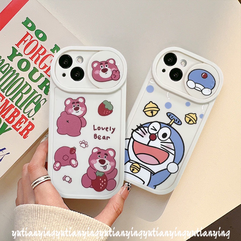 Strawberry Bear Lotso Cartoon Funny Dinosaur Camera Lens Protector Case Compatible for IPhone XR XS X Max 11 13 12 Pro Max 7Plus 8Plus Push Pull Window Lovely Doraemon Cover