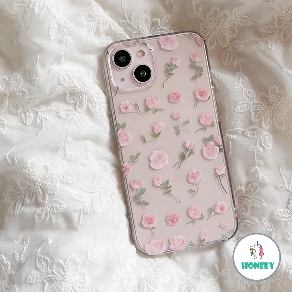 IPHONE Casing Ponsel Motif Bening Lembut Kompatibel Untuk Iphone11 14 Pro Max12 13 X XR XS Max7 8 Plus Cangkang Pelindung Bunga Mawar Pink