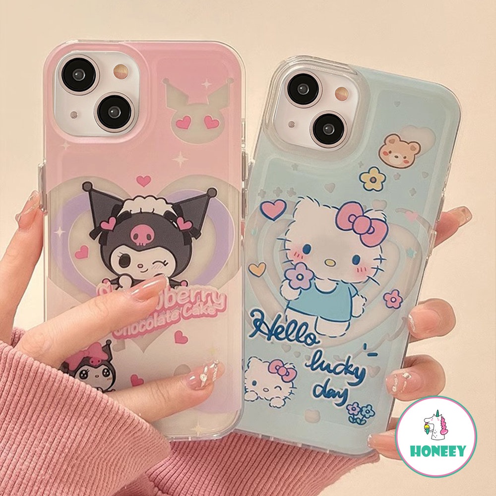 Kartun Lucu Kulomi Hellokitty Love Phone Case Kompatibel Untuk Iphone14 13 12 11 Pro Max Casing iPhone XR XS 7 8Plus Lembut Shockproof Back Cover