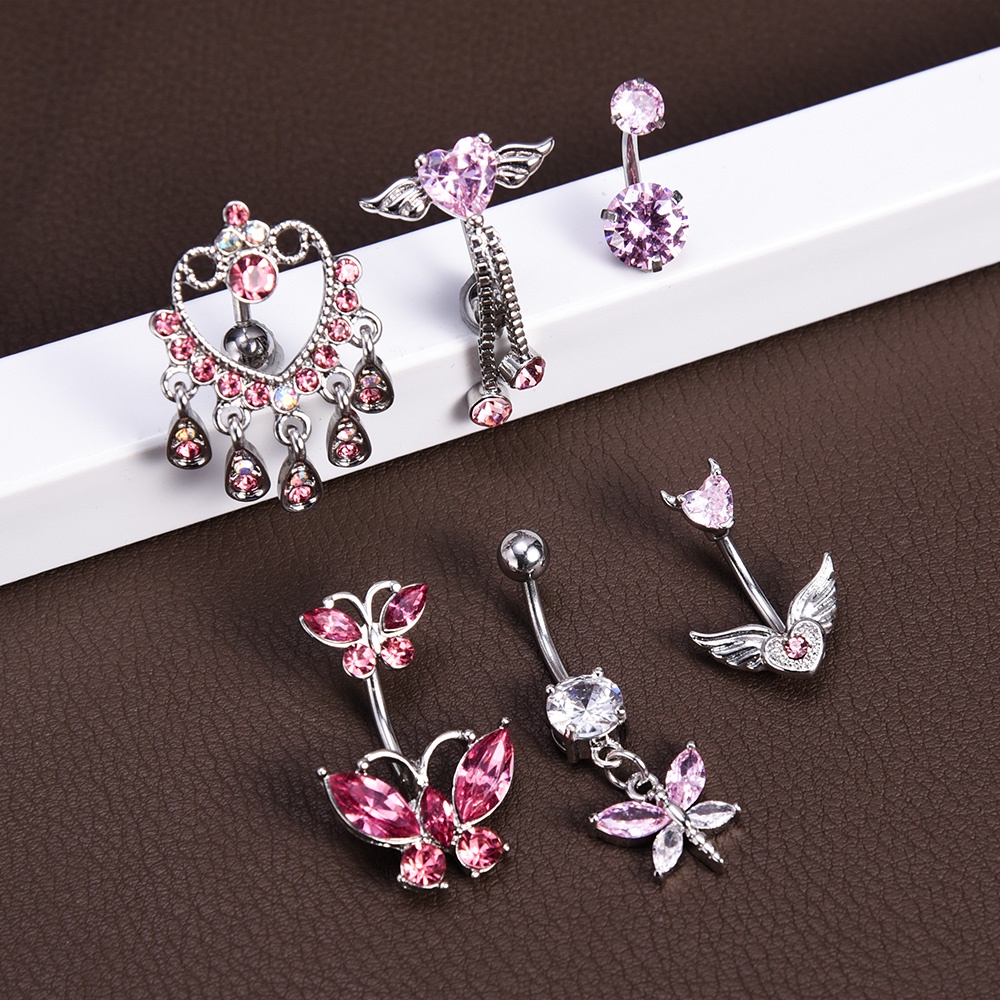 [Hot Sale] Angel Wings Belly Button Rings Fashion Y2K Cinta Cincin Perut Wanita Gadis Stainless Steel Tubuh Perut Bar Tindik Zirkon Perhiasan Kepribadian