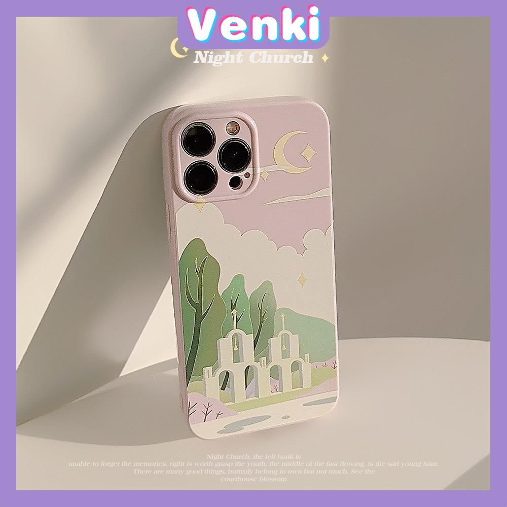 VENKI - Untuk iPhone 11 Case Film TPU Case Cream Glossy Perlindungan Kamera Minimalis Minyak Lukisan Gereja Kompatibel dengan iPhone 14 13 Pro Max iPhone 12 Pro Max XR XS 7Plus 8Plus