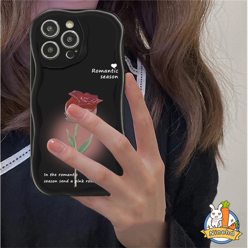 IPHONE Art Rose Flower Splicing Label Phone Case Kompatibel Untuk Iphone14 13 12 11 Pro Max X Xr Xs Max 8 7 6 6s Plus SE 2020hitam Silikon Shockproof Bumper Tepi Melengkung Soft Case Cover