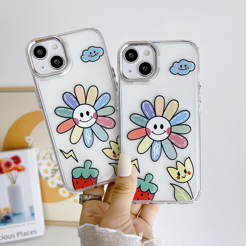 【Independent buttons】Clear Sunflower Silicone Soft Case IPhone 6S 7 8 Plus SE XR XS Max 11 12 13 14 Pro Max 14 Plus strawberry Cute for Girl Women