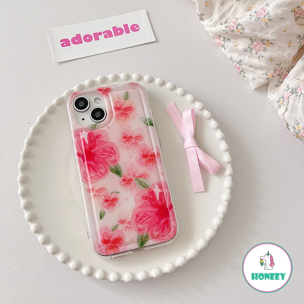 Korea Pink Case Ponsel Bunga Kompatibel Untuk iPhone 14 Pro Max Case iPhone 11 13 12 Pro Max 13 12 14 Pro XR XS 7Plus 8Plus Airbag Lembut TPU Cover