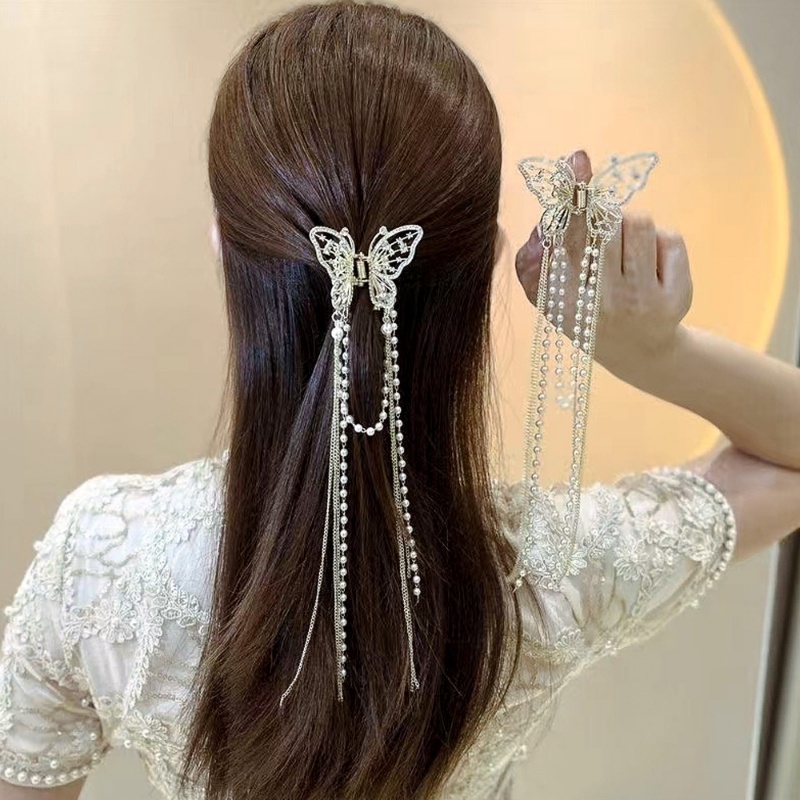 Korea INS Gaya Peri Berlian Imitasi Mutiara Imitasi Rumbai Hiu Klip Fashion Indah Berongga Kupu-Kupu Hadiah Rambut Pin Aksesoris Alloy Ponytail Holder Hair Claw