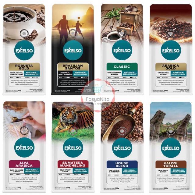 

EXCELSO Kopi Bubuk All Varian 200gram (Robusta-Arabica-Brazilian-Kalosi-Java-Sumatera-Classic-House)