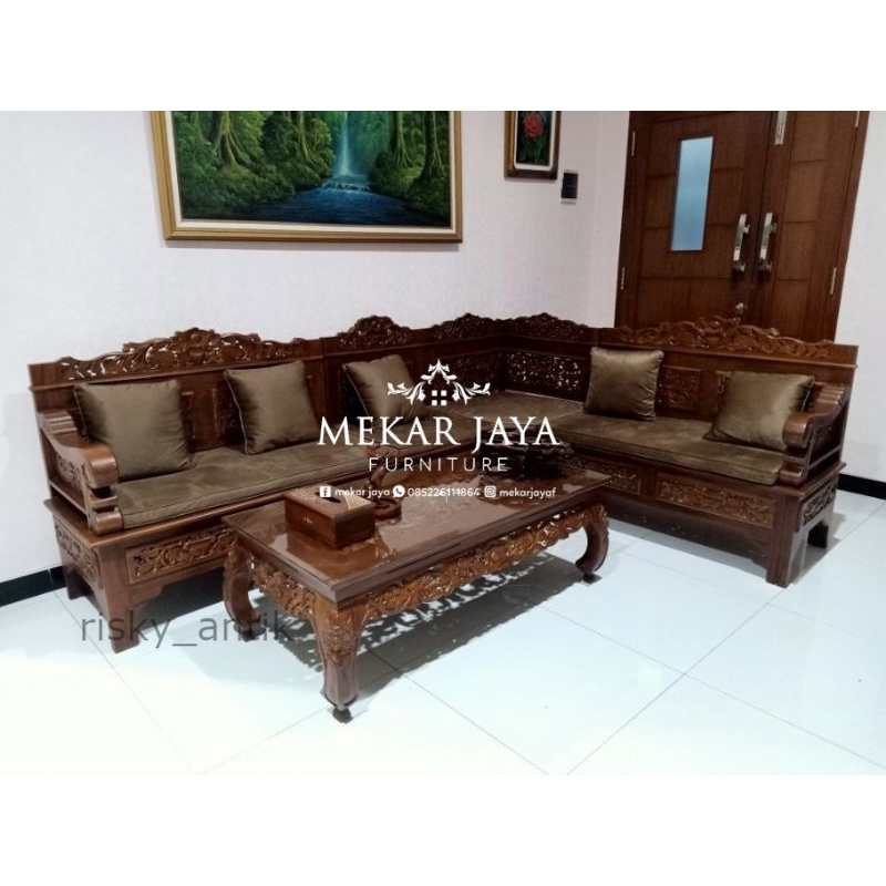 Set Kursi Sofa Ruang Tamu Sudut Bagong Ukir Krawang Jati Minimalis Furniture Jepara Termurah cod red