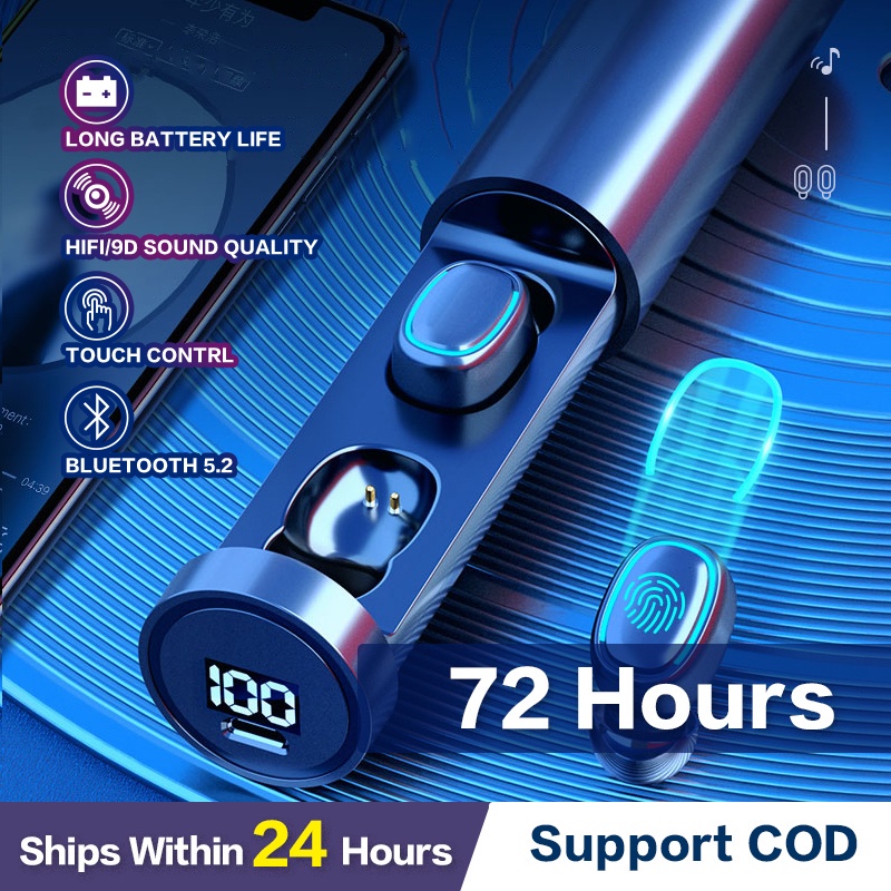 N21 TWS Headset Bluetooth 5.2 Bass Super Dengan Senter Noise Reduction Earphone Wireless IPX7 Waterproof HiFi Stereo Sound Headphone Henset Bloetooth with Microphone Sport Handset Gaming Hedset Handsfree Earbuds Hendset Hanset Hetset Heandset Android