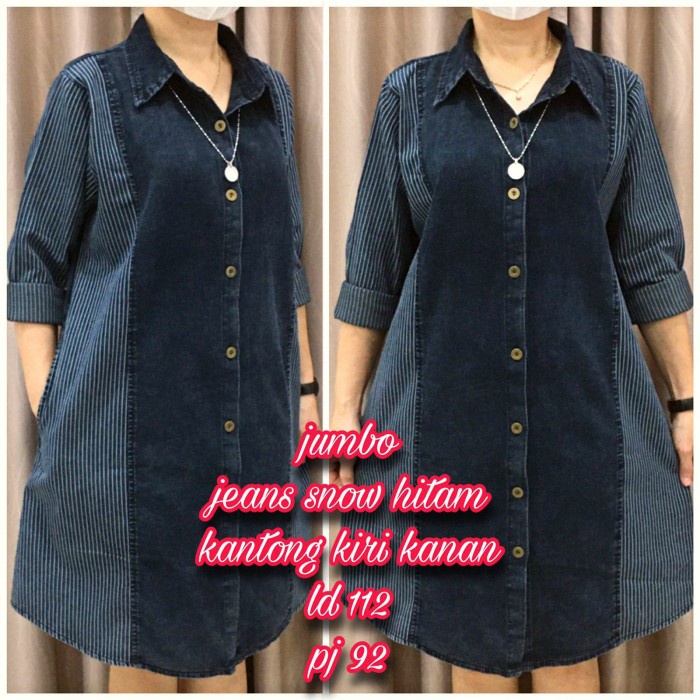 Promo Style Trend Dress tunik jeans snow hitam kombi salur samping, jumbo 3L ld112 pj92 - Hitam
