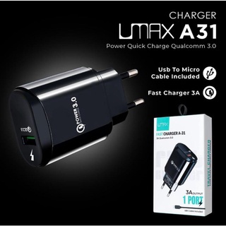 Charger Cas UMAX A31 Fast Charging Qualcomm QC 3.0 + kabel usb micro type c Adaptor Original