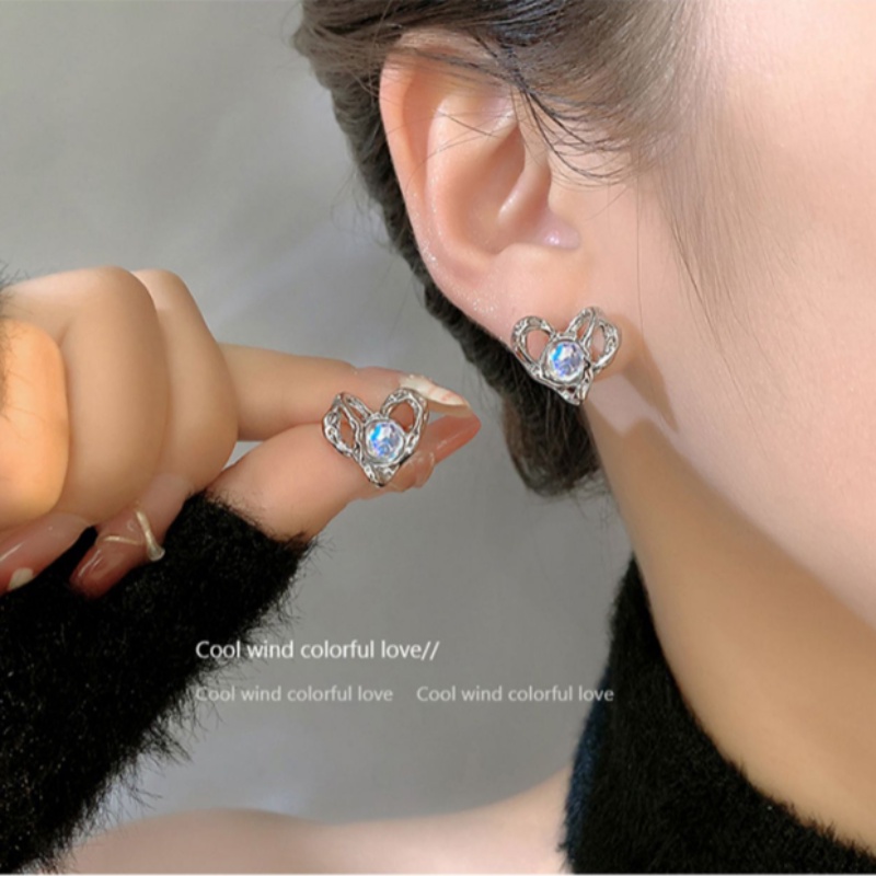 We Flower Indah s925 Perak Bersinar Moonstone Heart Stud Earrings Untuk Wanita Perempuan Elegan Opal Heart Earring Jewelry Untuk Pesta Pacaran